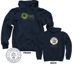 Navy hoodies with Rolling Harvest Food Rescue logo on front and back