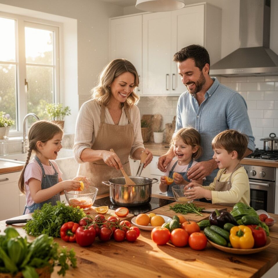 family cooking with fresh produce